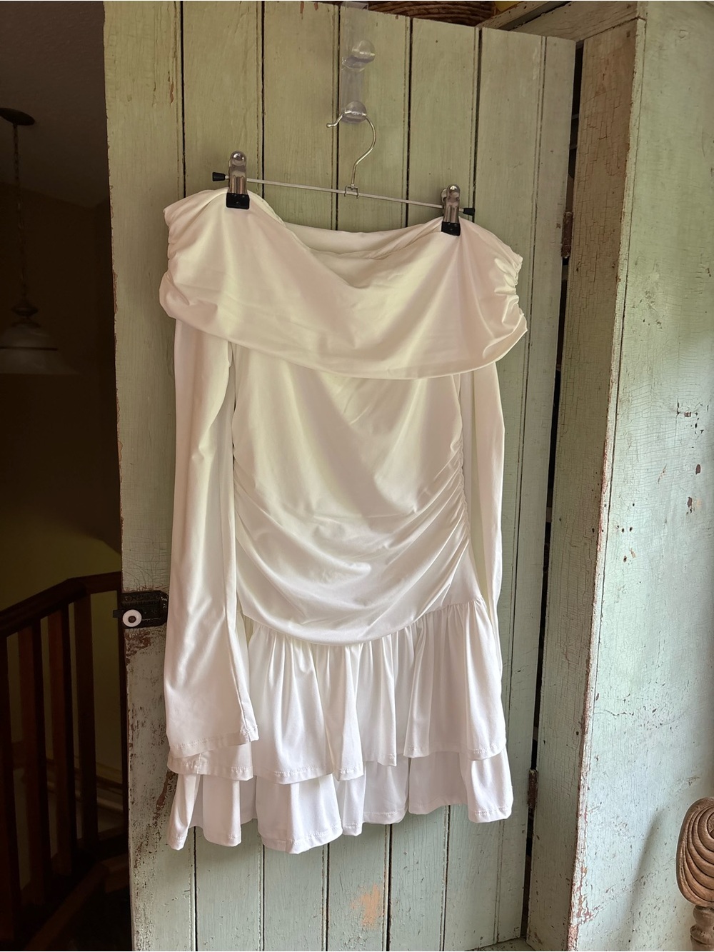 Off-Shoulder Long Sleeve White Women’s Dress with Ruffle Hem